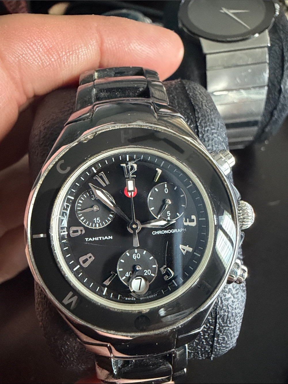 Michele Black Dial Chronograph Watch with Silver-Tone Bracelet